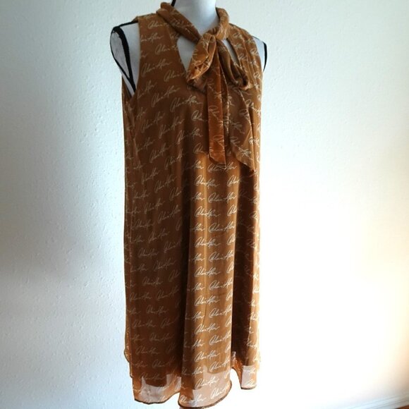 Calvin Klein Tie Neck Dress Women's Size 6 Brown Signature Logo Fabric - Picture 3 of 12